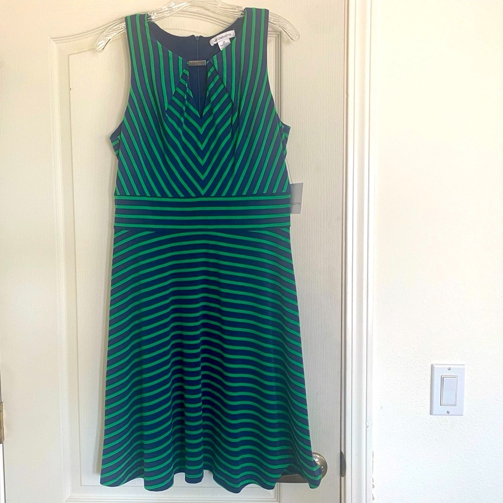Elegant Green and Navy Blue Striped Midi Dress